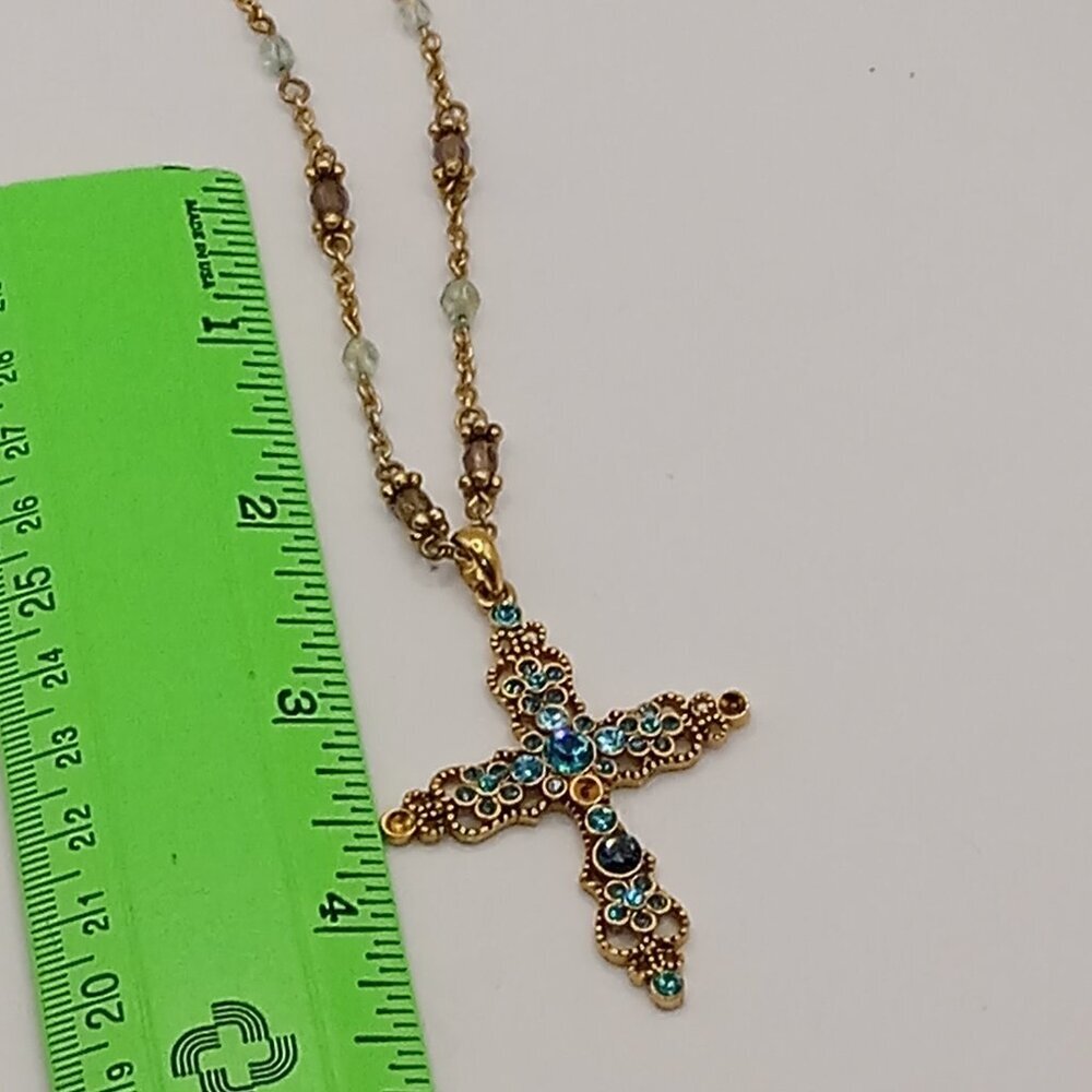 Blue Crystal Embellished CROSS Gold Tone Pendant Beaded Necklace - Picture 9 of 9